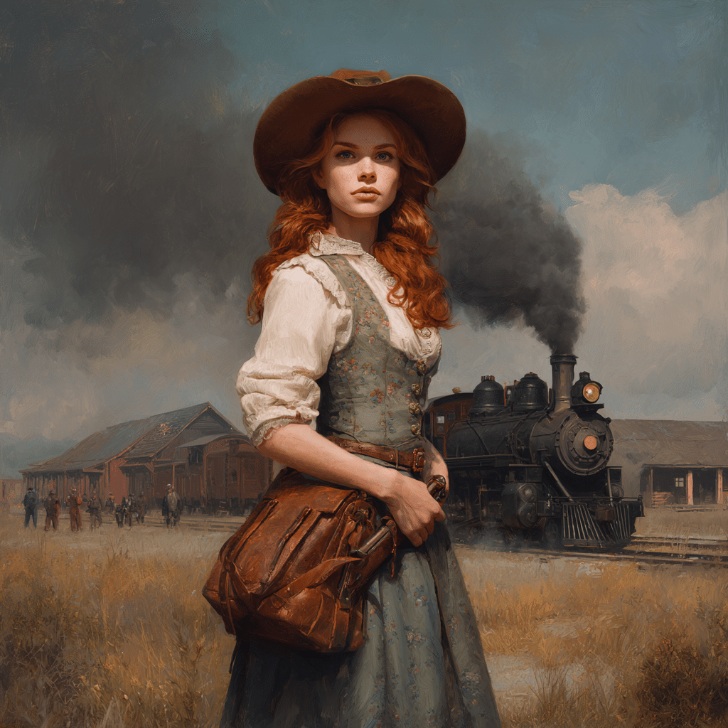 illustration of red haired woman in vintage western attire standing before steam locomotive