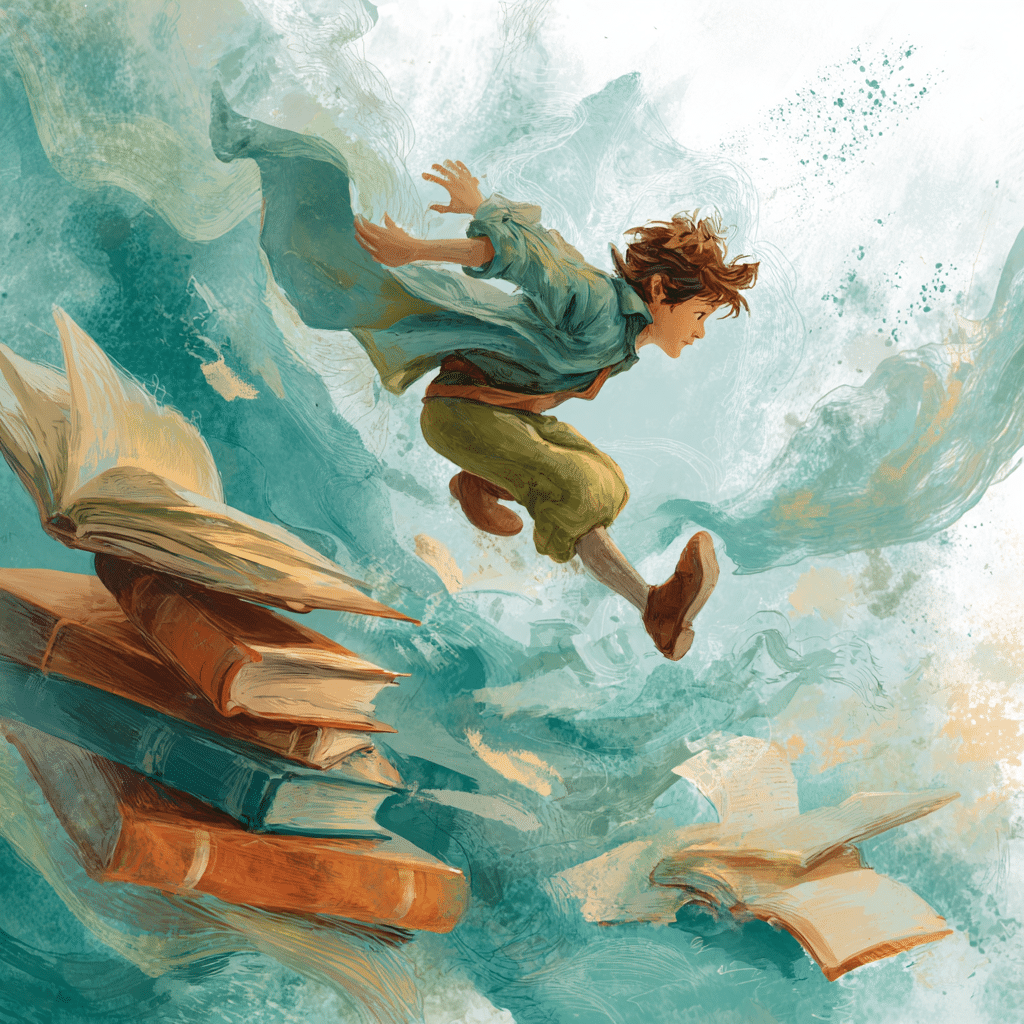 watercolor style boy jumping from book to book