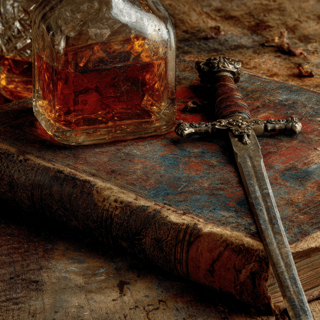 illustration of dagger and bourbon bottle atop vintage hard cover book