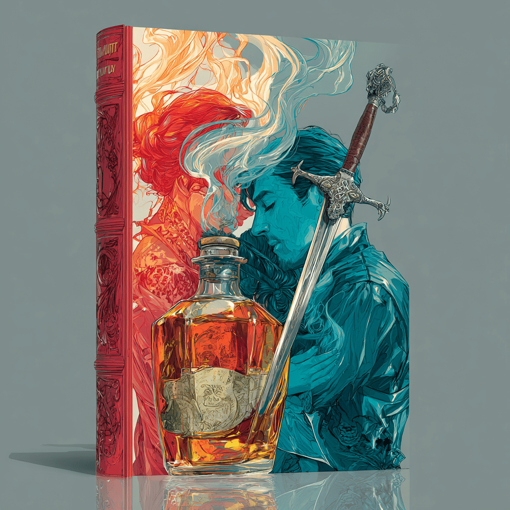 ilustration of book with bottle of bourbon, dagger and man and woman