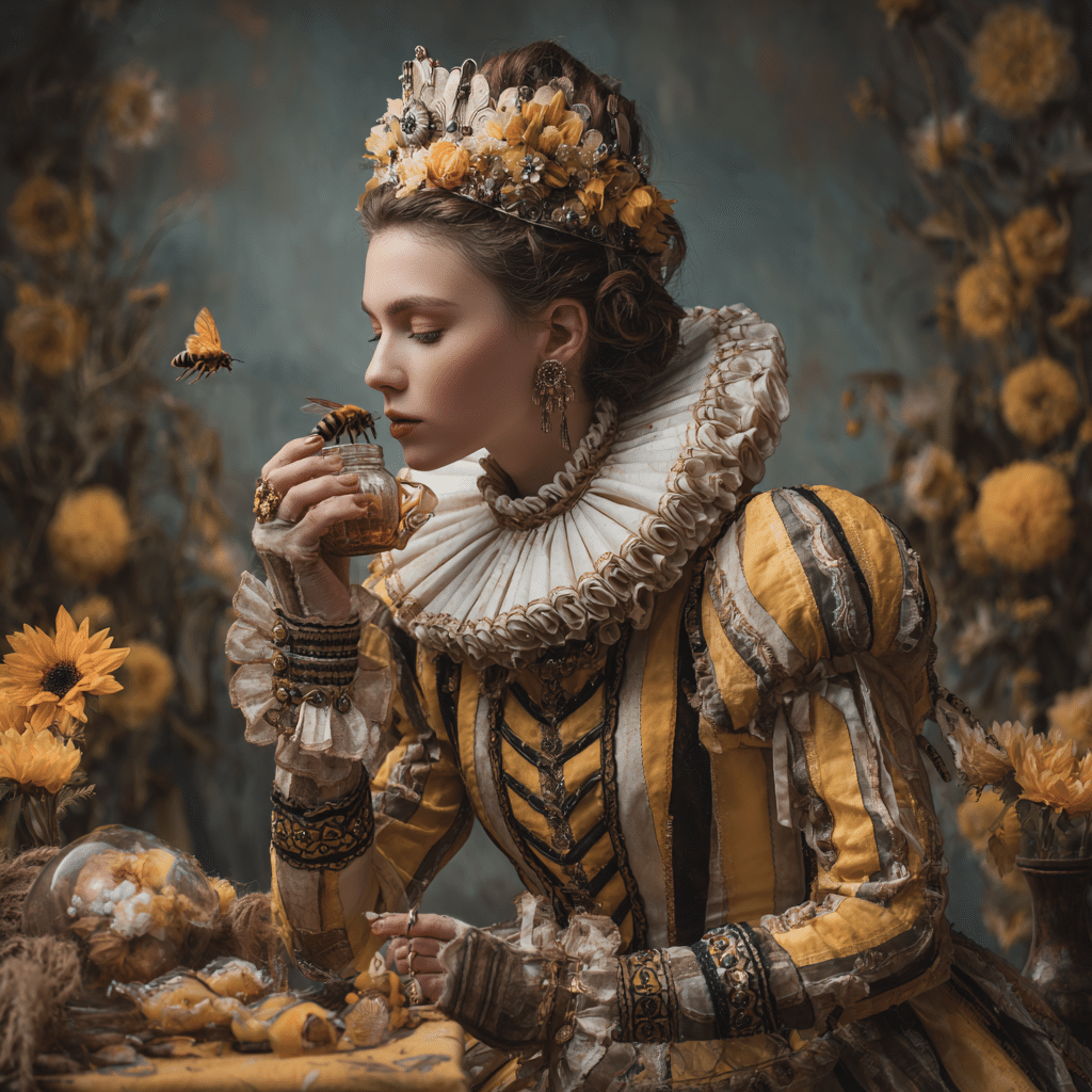 illustration of victorian woman in yellow and white dress whith a honey jar and bee